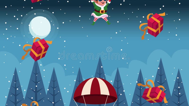 Feliz cartão de natal alegre com elf em paraquedas e presentes