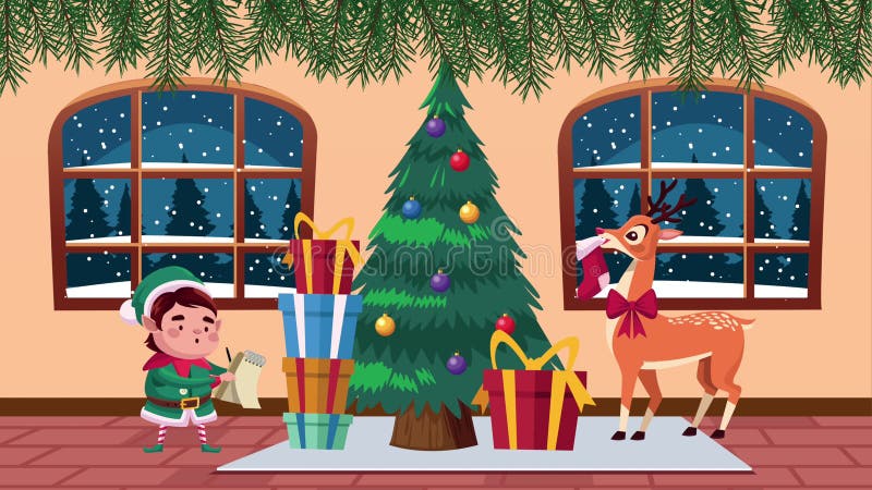 Feliz cartão de natal alegre com elfo e veado em casa