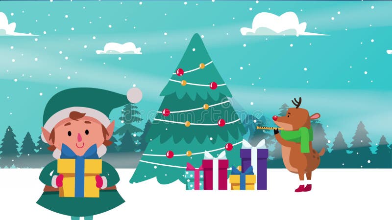Feliz cartão de natal alegre com veado tocando flauta e elfo