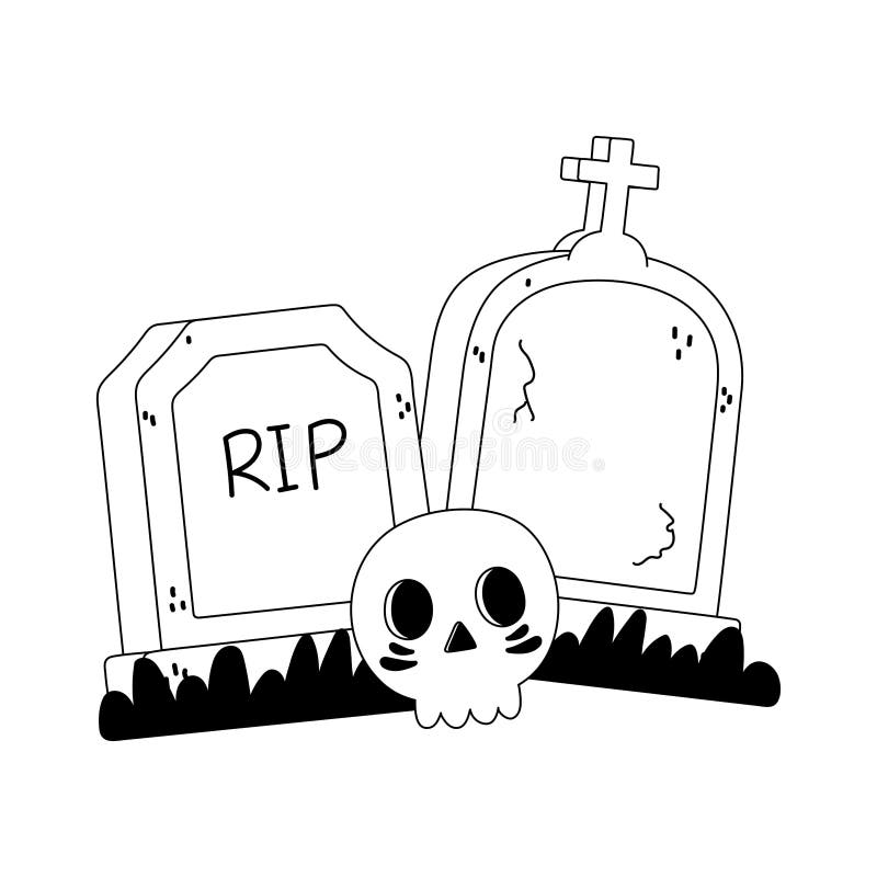  Feliz Cementerio De Lápidas De Halloween Y Estilo De La Línea Del Cráneo Ilustración del Vector