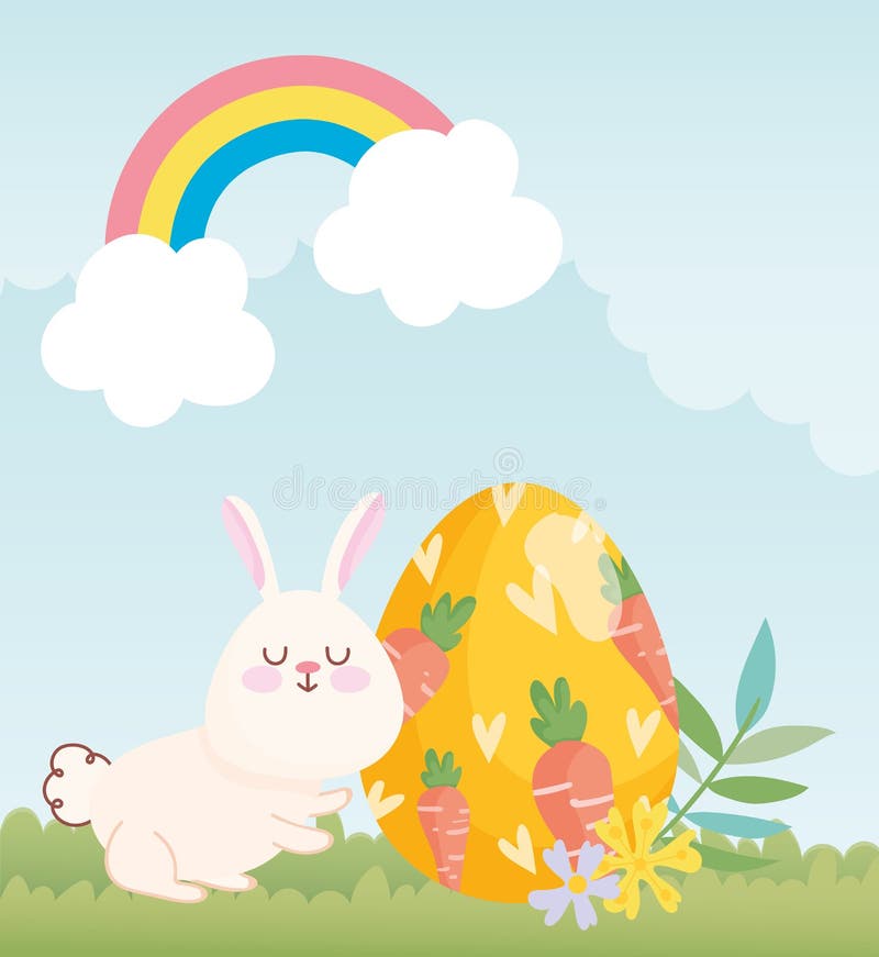  Feliz Cumpleaños, Pintura De Huevo De Conejo Blanco Con Zanahorias En La Hierba Ilustración del Vector