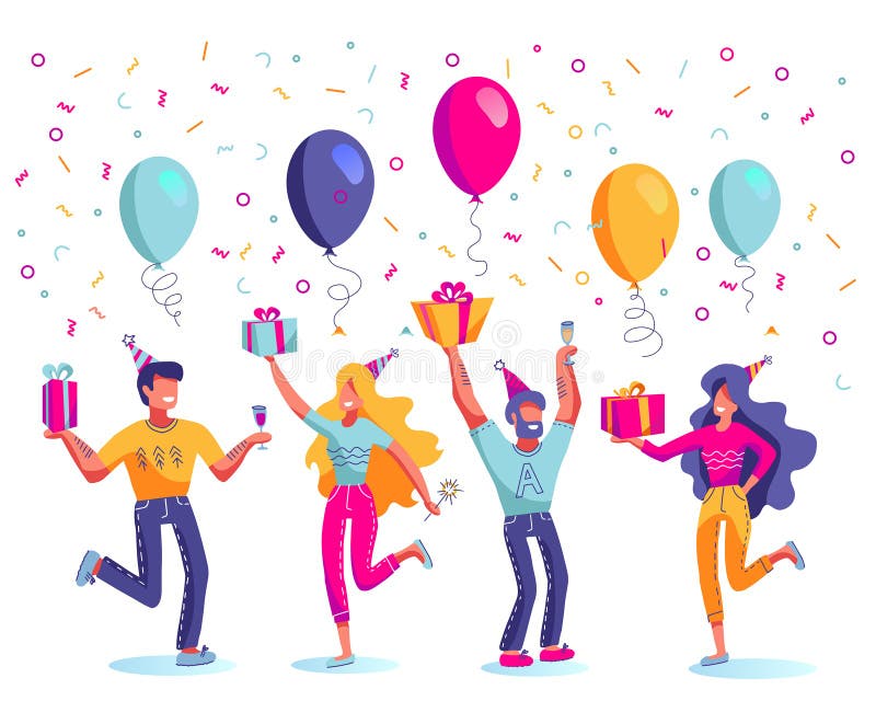 Feliz cumplea?os, hombres y mujeres en vector festivo de los sombreros Cajas o presentes de regalo, globos, champán y bengala en libre illustration Feliz cumplea?os, hombres y mujeres en vector festivo de los sombreros Cajas o presentes de regalo, globos, champán y bengala en libre illustration