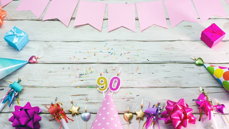 Happy birthday number 90. Copyspace. Beautiful card in pastel pink colors for a woman or a girl. Decorations festive place for your text. Happy birthday number 90. Copyspace. Beautiful card in pastel pink colors for a woman or a girl. Decorations festive place for your text