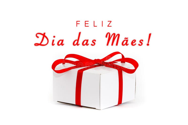 Feliz Dia das Maes in het Portugees: Gelukkige Mothers’s-Dag! tekstbericht en het witte vakje van de kartongift met decoratieve stock fotografie Feliz Dia das Maes in het Portugees: Gelukkige Mothers’s-Dag! tekstbericht en het witte vakje van de kartongift met decoratieve stock fotografie