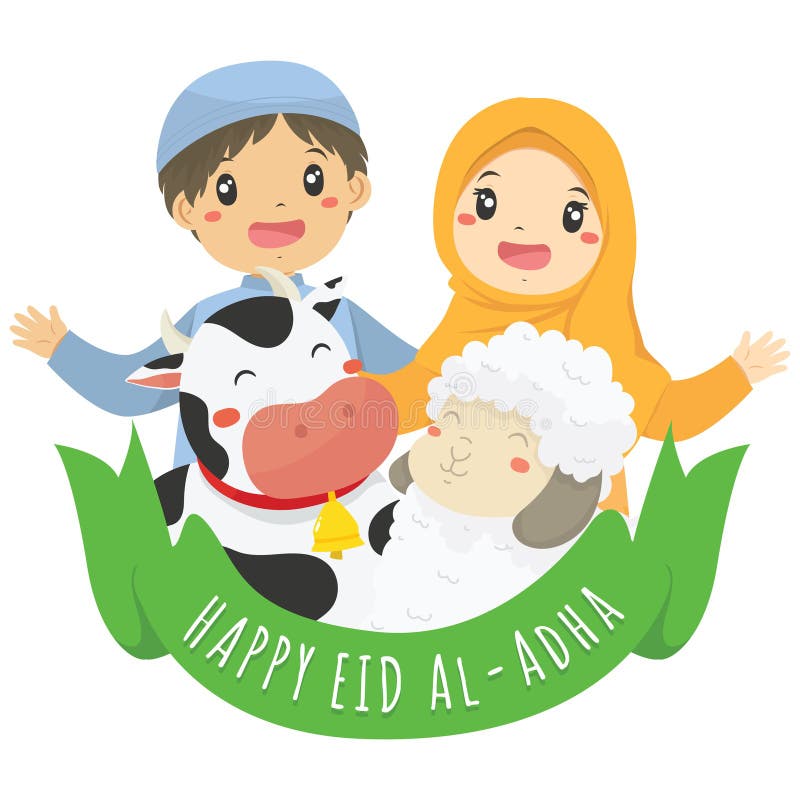Feliz Eid al Adha Mubarak Vector Ilustración Niños musulmanes con animales urbanos stock de ilustración