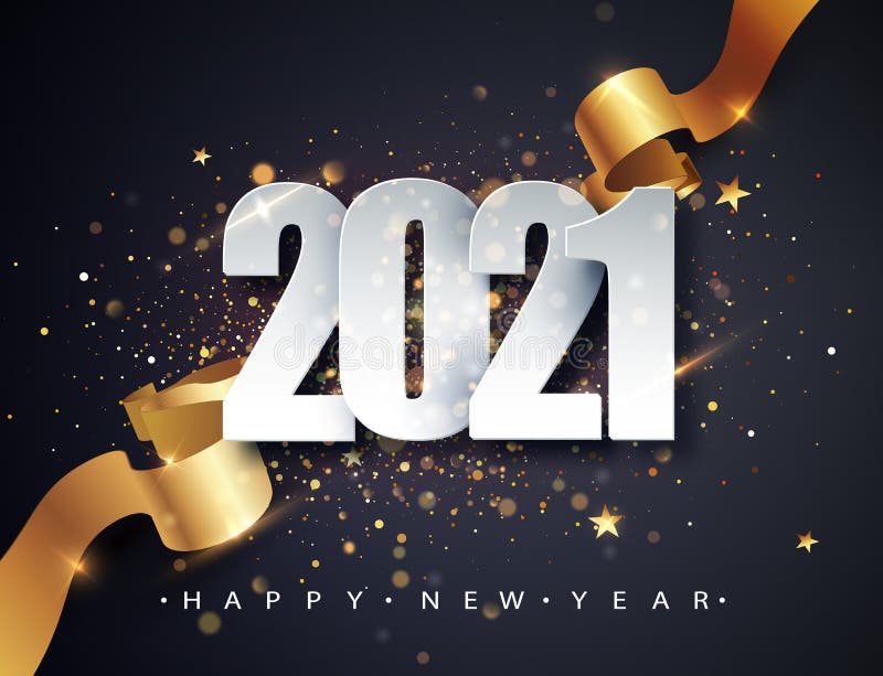 2021 feliz fundo vetorial de ano novo com números brancos de fita de presente dourada confetti. festa de natal celebra o design