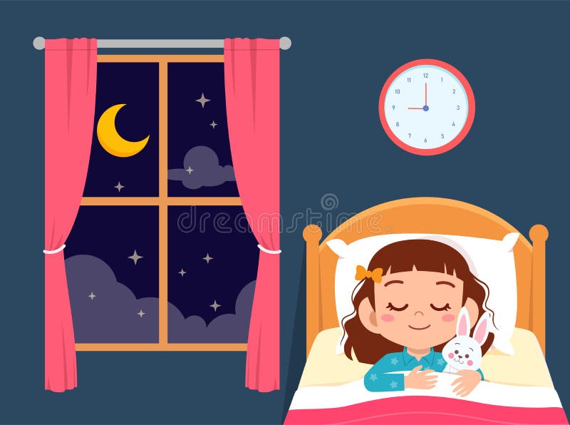 Menina fofa e pequena a dormir no quarto ilustração do vetor