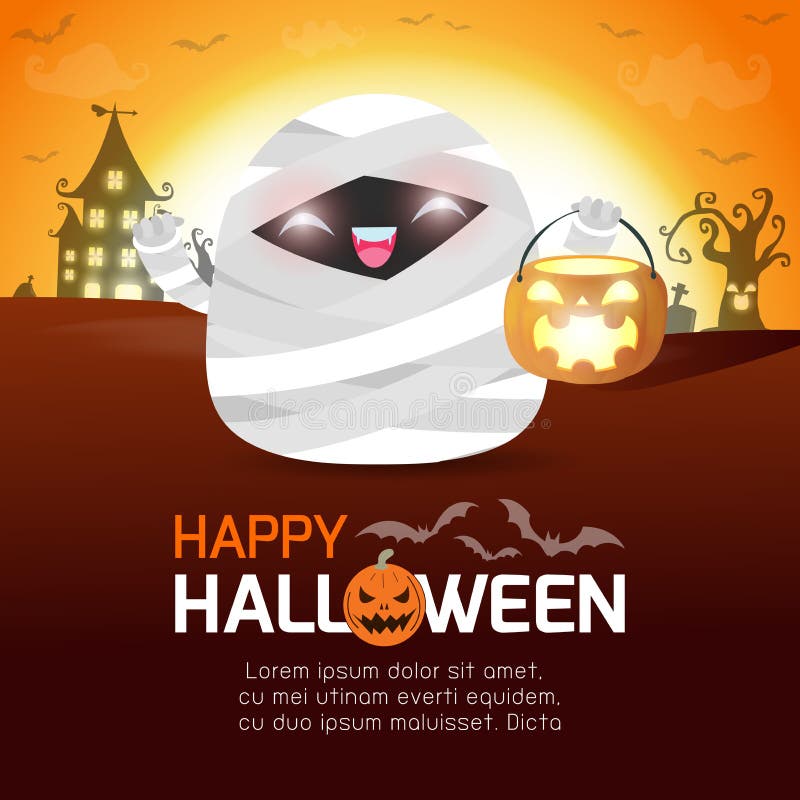Feliz Halloween, pequeña pequeña calabaza linda linda de la tenencia de la momia en el claro de luna, truco de la bandera de Hall stock de ilustración Feliz Halloween, pequeña pequeña calabaza linda linda de la tenencia de la momia en el claro de luna, truco de la bandera de Hall stock de ilustración