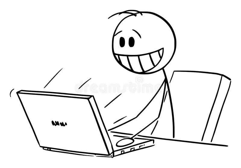 Feliz hombre sonriente o hombre de negocios que trabaja en la computadora en la oficina vector dibujos animados palo figura ilustr libre illustration