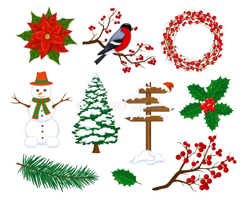 Feliz Natal do inverno e artigos dos elementos da decoração dos objetos do ano novo feliz ajustados ilustração royalty free Feliz Natal do inverno e artigos dos elementos da decoração dos objetos do ano novo feliz ajustados ilustração royalty free