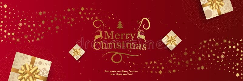 Feliz Natal e Feliz Ano Novo Cartão comemorativo com inscrição e veado com presentes, arcos e fitas em vermelho ilustração royalty free Feliz Natal e Feliz Ano Novo Cartão comemorativo com inscrição e veado com presentes, arcos e fitas em vermelho ilustração royalty free