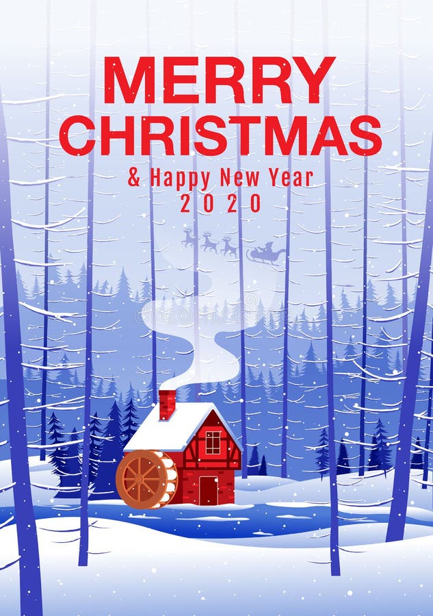 Feliz Natal e Feliz Ano Novo, Casa nas Florestas, Fundo de inverno, Neve, Paisagem ilustração royalty free Feliz Natal e Feliz Ano Novo, Casa nas Florestas, Fundo de inverno, Neve, Paisagem ilustração royalty free