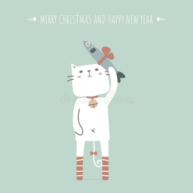 Feliz Natal e feliz ano novo com gato bonito e bonito desenhado com a mão segurando peixe na estação de inverno passado verde ilustração royalty free Feliz Natal e feliz ano novo com gato bonito e bonito desenhado com a mão segurando peixe na estação de inverno passado verde ilustração royalty free
