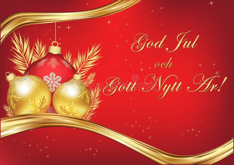 Feliz Natal e ano novo feliz escritos no sueco, o cartão da estação ilustração stock Feliz Natal e ano novo feliz escritos no sueco, o cartão da estação ilustração stock