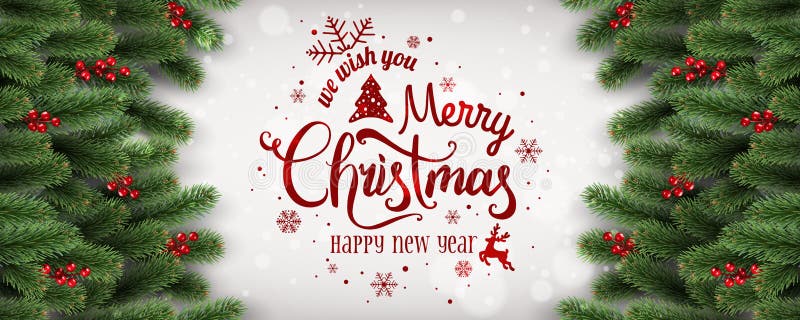 Feliz Natal e ano novo tipográficos no fundo branco com ramos do abeto, bagas, luzes, flocos de neve ilustração do vetor Feliz Natal e ano novo tipográficos no fundo branco com ramos do abeto, bagas, luzes, flocos de neve ilustração do vetor
