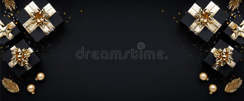 Feliz Natal e Feliz Natal, carta de boas-vindas, quadro, faixa Ano Novo Noel Dons de Natal dourados, ornamentos em preto fotografia de stock royalty free