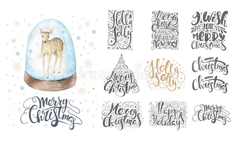 Feliz Natal que rotula sobre com flocos de neve e cervos Mão tirada ilustração do vetor Feliz Natal que rotula sobre com flocos de neve e cervos Mão tirada ilustração do vetor