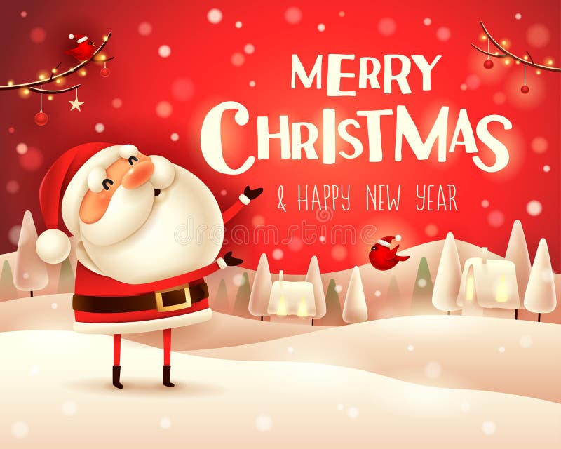 Merry Christmas! Santa Claus greets in Christmas snow scene winter landscape. Christmas cute cartoon character. Merry Christmas! Santa Claus greets in Christmas snow scene winter landscape. Christmas cute cartoon character.
