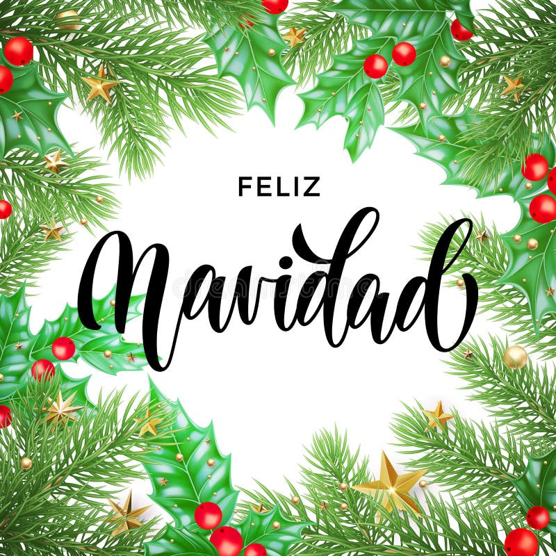 Feliz Navidad Spanish Merry Christmas hand drawn calligraphy and holly wreath decoration with golden stars garland frame for holid