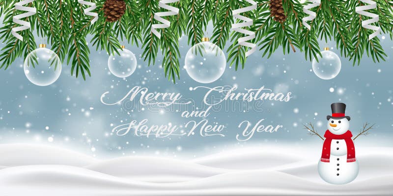 Feliz navidad. tarjeta de saludo con ramas de árbol juguetes de navidad de nieve y conos de pino sobre fondo blanco. texto en colo stock de ilustración