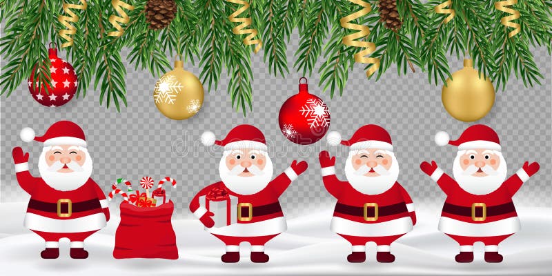 Feliz navidad. tarjeta de saludo con ramas de árbol santa claus christmas juguetes y pinos sobre fondo blanco. vector ilustración del vector