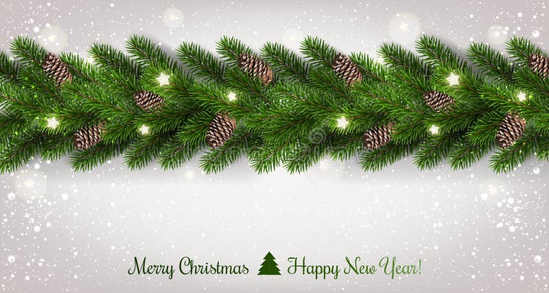 Feliz Navidad tipográfica en el fondo blanco con la guirnalda de las ramas de árbol adornadas con las estrellas, luces, copos de stock de ilustración Feliz Navidad tipográfica en el fondo blanco con la guirnalda de las ramas de árbol adornadas con las estrellas, luces, copos de stock de ilustración