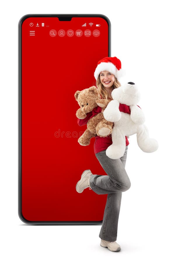 Feliz navidad! una joven feliz y alegre que usa un sombrero de santa sale de una pantalla de un smartphone sonriendo mientras abra fotos de archivo libres de regalías