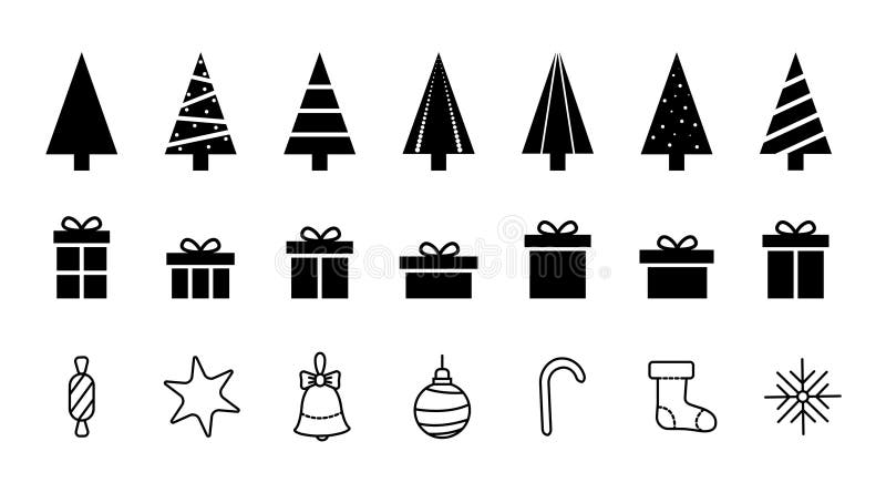 Feliz navidad y feliz año nuevo. colección de abetos cajas de regalo decoración navideña. diseño en blanco y negro. simple ilustración del vector