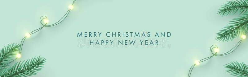 Feliz Navidad y Feliz Año Nuevo con ramas realistas de pinos y luces de garland stock de ilustración