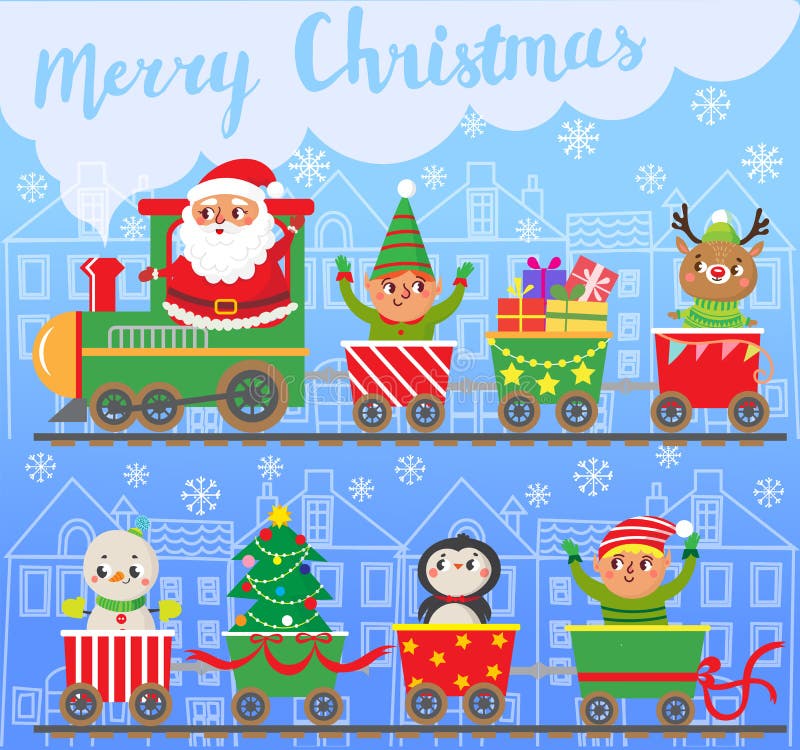 Feliz Navidad y Año Nuevo Santa Claus en el tren con los regalos ilustración del vector Feliz Navidad y Año Nuevo Santa Claus en el tren con los regalos ilustración del vector