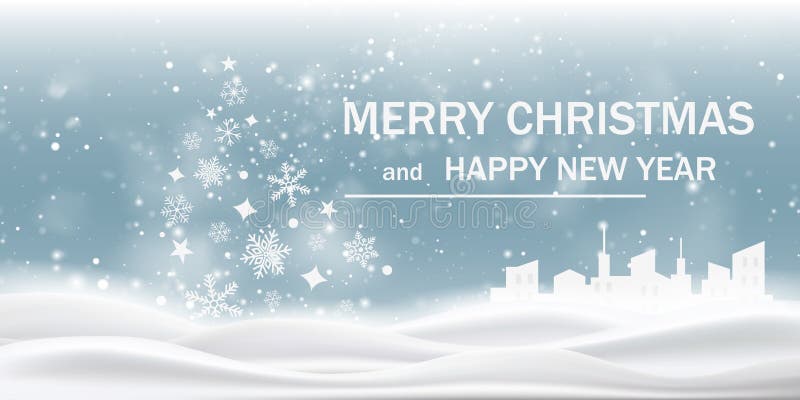 Feliz navidad y feliz año nuevo. tarjeta de saludo con helado de árbol de navidad y ciudad. texto en color blanco. ilustración vec stock de ilustración
