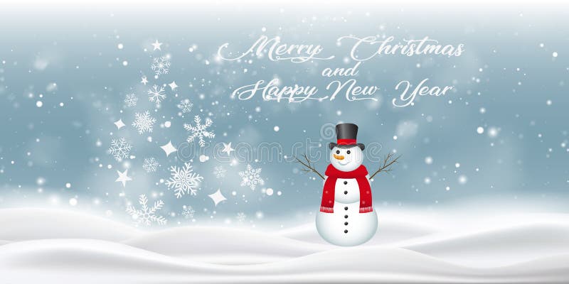 Feliz navidad y feliz año nuevo. tarjeta de saludo con muñeco de nieve y árbol de navidad. texto en color blanco. ilustración vect stock de ilustración