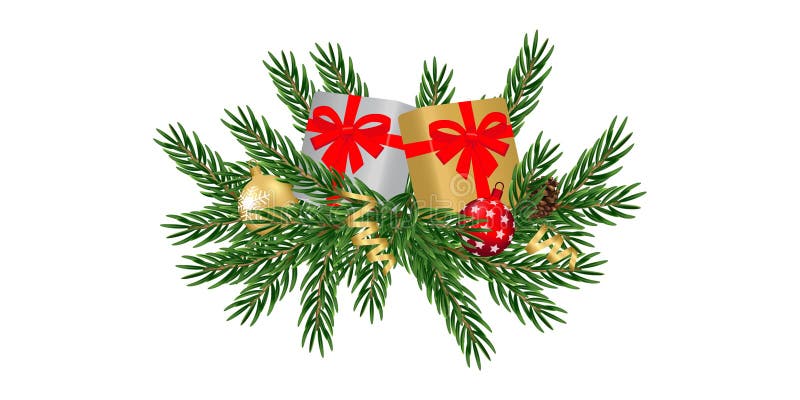 Feliz navidad y feliz año nuevo. tarjeta de saludo con ramas de árbol de navidad juguetes y pinos sobre fondo blanco. vector libre illustration