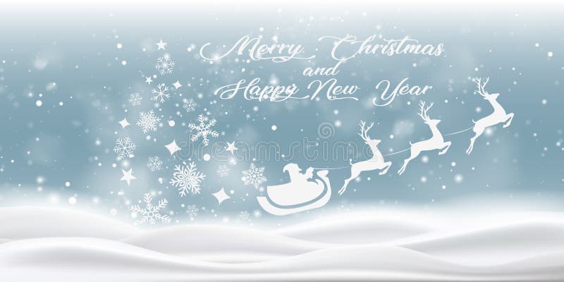Feliz navidad y feliz año nuevo. tarjeta de saludo con santa claus, árbol de navidad y ciervo. texto en color blanco. vector ilustración del vector