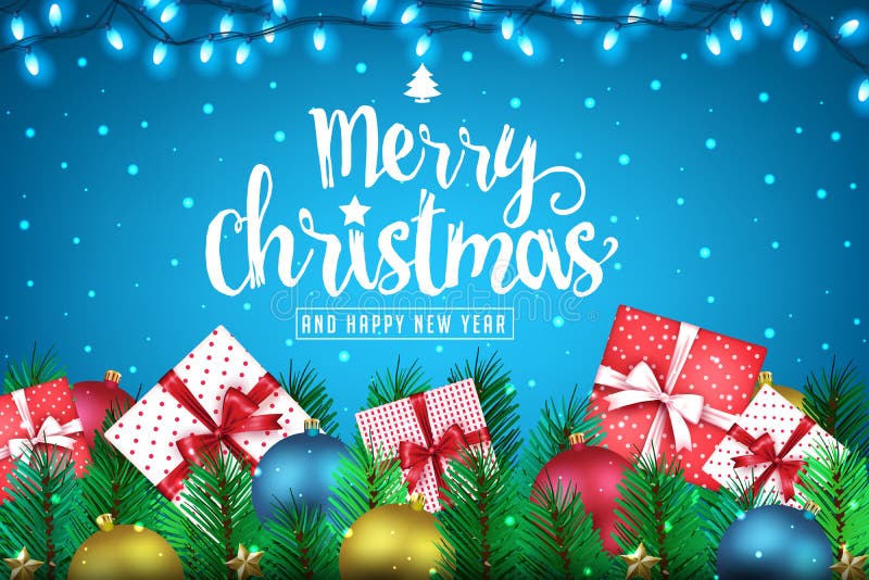 Feliz Navidad y bandera creativa realista de la Feliz Año Nuevo con las porciones de presentes Feliz Navidad y bandera creativa realista de la Feliz Año Nuevo con las porciones de presentes
