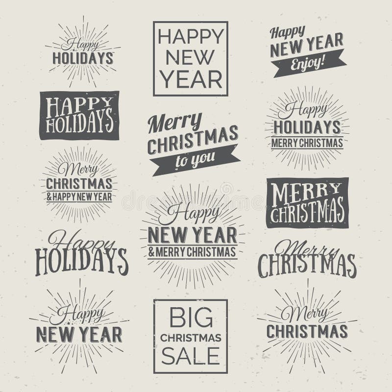 Feliz Navidad y etiquetas caligráficas del diseño de la Feliz Año Nuevo Días de fiesta que ponen letras para la invitación, la ta ilustración del vector Feliz Navidad y etiquetas caligráficas del diseño de la Feliz Año Nuevo Días de fiesta que ponen letras para la invitación, la ta ilustración del vector