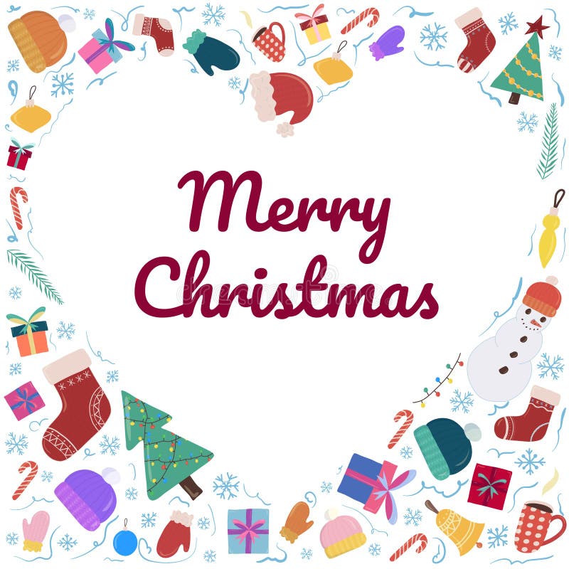 Feliz Navidad y nuevo año de marco como forma de corazón con objeto tradicional ilustración del vector Feliz Navidad y nuevo año de marco como forma de corazón con objeto tradicional ilustración del vector