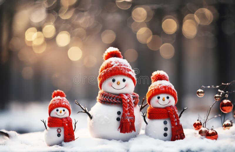 Feliz navidad y feliz tarjeta de bienvenida de año nuevo con copyspacemany snowmen parados en el paisaje navideño de invierno fotos de archivo libres de regalías