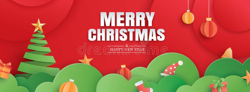 Feliz navidad y feliz tarjeta de saludo rojo de año nuevo en papel de la plantilla de banner de arte. uso para el folleto de porta libre illustration