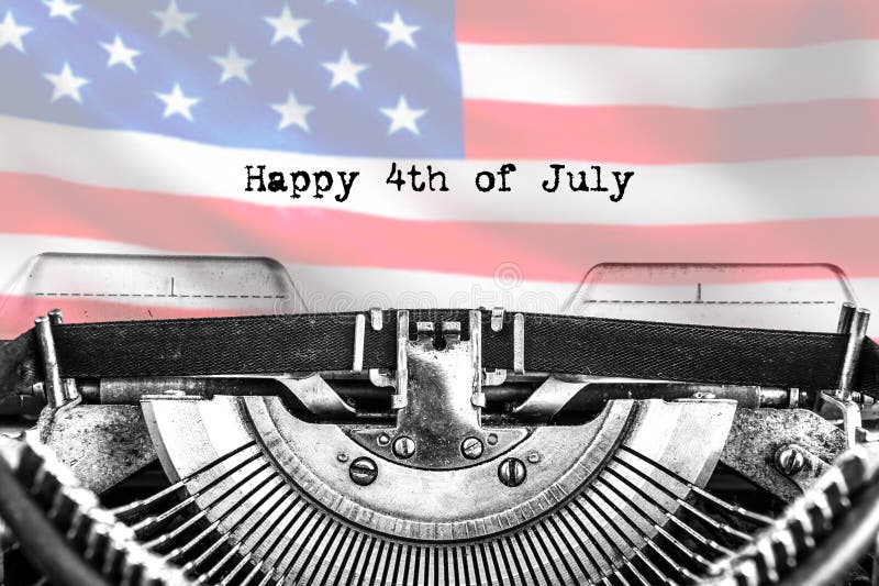 Happy 4th of July, typed text on a vintage typewriter, black ink on old paper in the form of a flag, close-up. America`s Independence Day. Happy 4th of July, typed text on a vintage typewriter, black ink on old paper in the form of a flag, close-up. America`s Independence Day