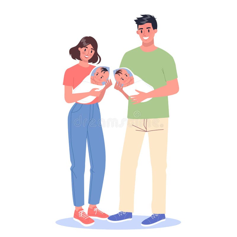 Happy young dad and mom holding baby twins. Family with newborn children. Cute couple standing together. Isolated flat vector illustration. Happy young dad and mom holding baby twins. Family with newborn children. Cute couple standing together. Isolated flat vector illustration