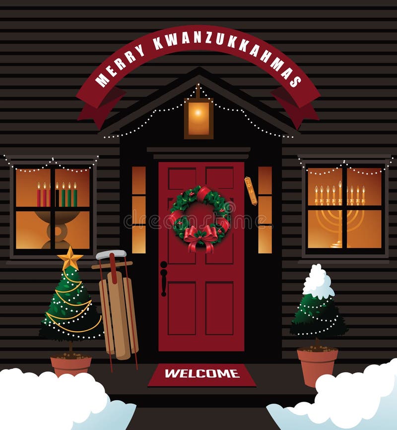 Feliz puerta principal de Kwanzukkahmas (combinación de Kwanzaa, de Jánuca y de la Navidad) stock de ilustración Feliz puerta principal de Kwanzukkahmas (combinación de Kwanzaa, de Jánuca y de la Navidad) stock de ilustración