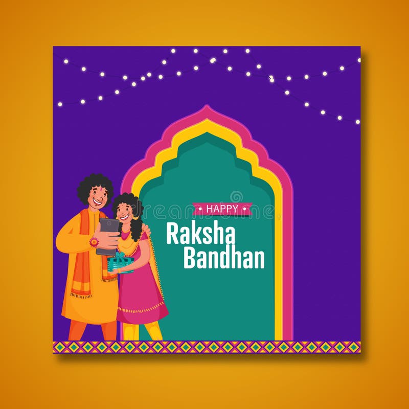 Feliz Raksha Bandhan Celebrando com Jovens e Garotas Cheerful Levando Selfie Juntos do Smartphone. ilustração do vetor