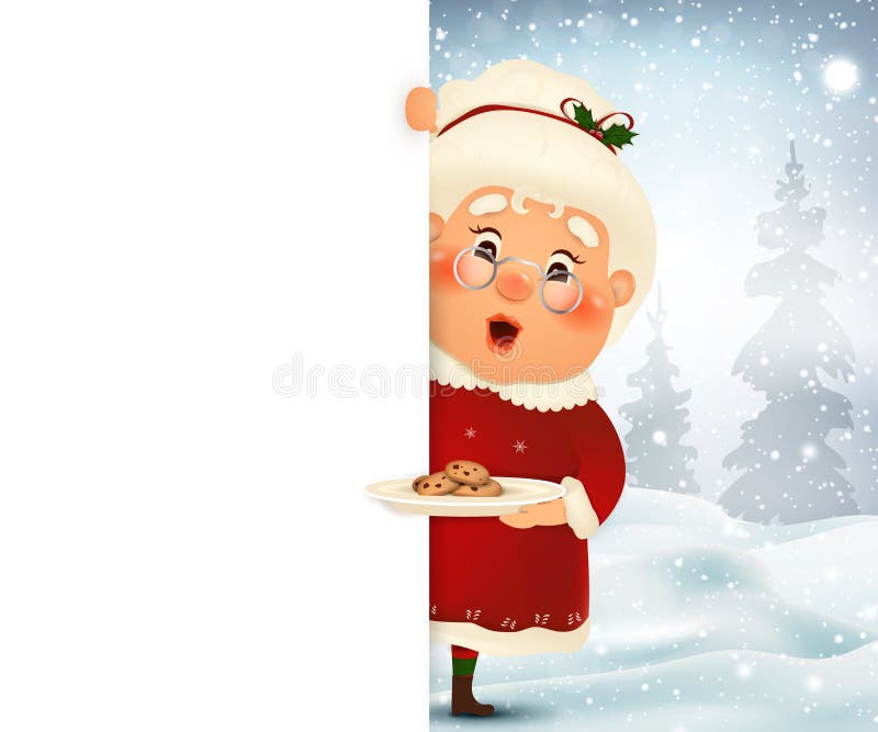Happy Mrs. Claus cartoon character standing behind a blank sign with cookies, showing on big blank sign with falling snow. Cute, cheerful Mrs. Claus with white copy space. vector illustration. Happy Mrs. Claus cartoon character standing behind a blank sign with cookies, showing on big blank sign with falling snow. Cute, cheerful Mrs. Claus with white copy space. vector illustration.