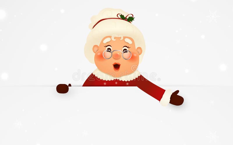 Happy Mrs. Claus cartoon character standing behind a blank sign, showing on big blank sign with falling snow. Cute, cheerful Mrs. Claus with white copy space. vector illustration. Happy Mrs. Claus cartoon character standing behind a blank sign, showing on big blank sign with falling snow. Cute, cheerful Mrs. Claus with white copy space. vector illustration.