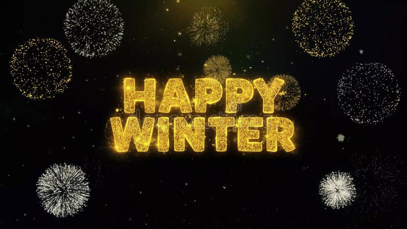 Feliz texto de invierno en la pantalla de fuegos artificiales de partÃ­culas doradas