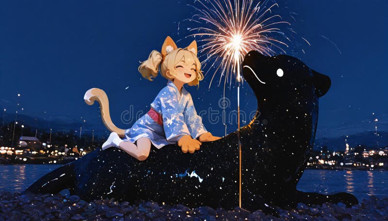 Feliz travesía de una chica animadora durante la exhibición de fuegos artificiales libre illustration