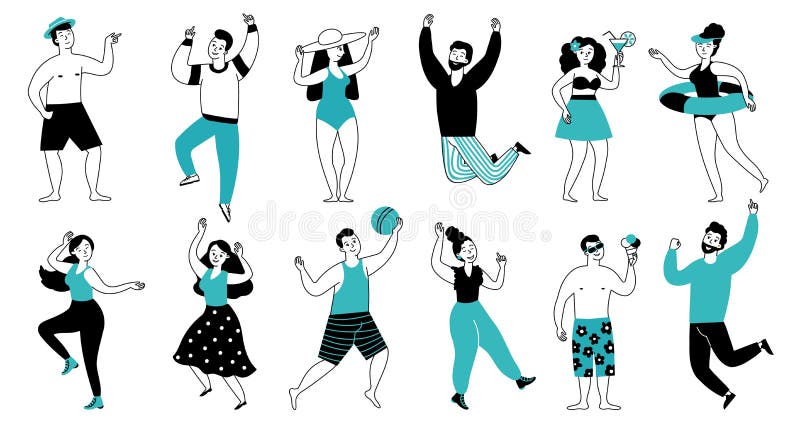 Feliz verano gente. divertidos adolescentes grupo de dibujos animados saltar persona deporte. loco hombre mujer joven plano viaje ilustración del vector