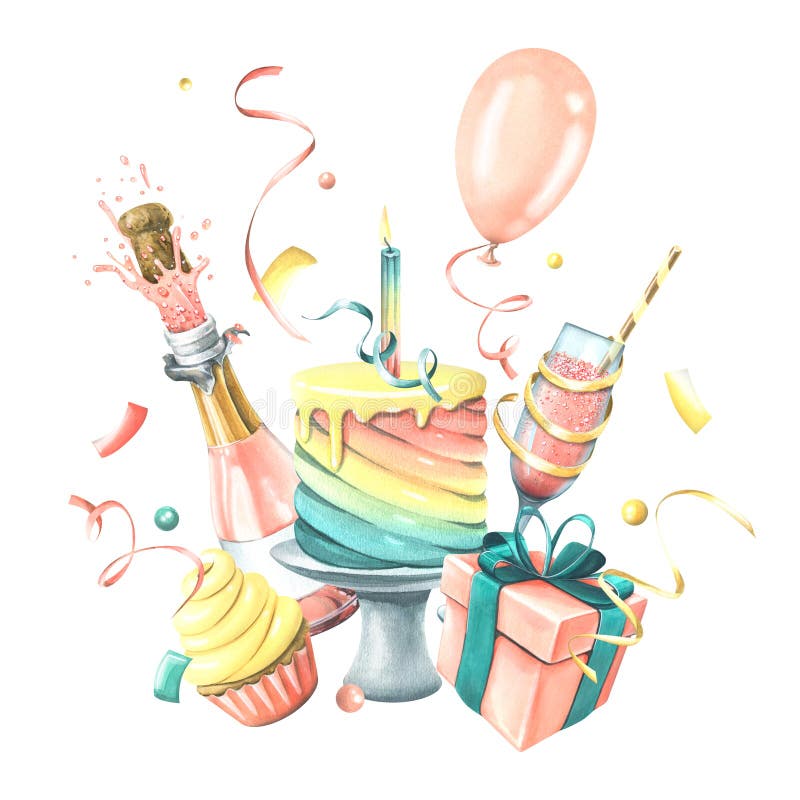Felle feestelijke samenstelling met champagnecake-cadeautjes ballonnen en confetti-vlaggen. waterkleur