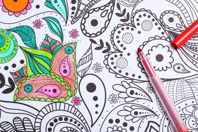 Felt Tip Pen on Antistress Coloring Page, Top View Stock Image - Image of  mood, creative: 217362015